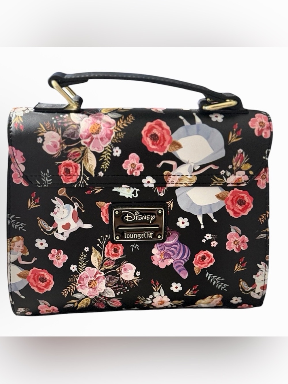 Loungefly Black Floral Alice in Wonderland Top-Handle Crossbody Satchel